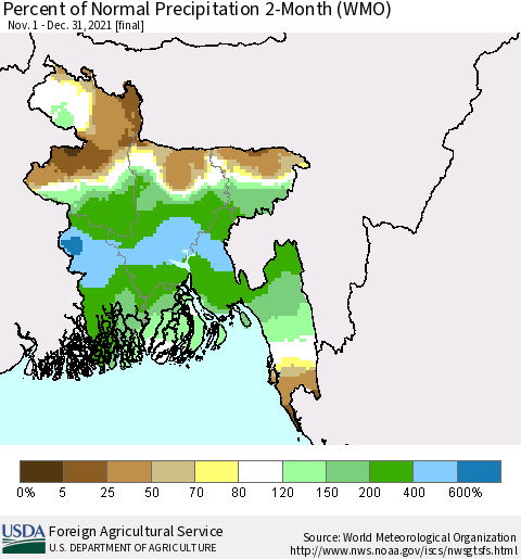 Bangladesh Percent of Normal Precipitation 2-Month (WMO) Thematic Map For 11/1/2021 - 12/31/2021