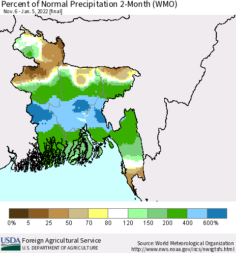 Bangladesh Percent of Normal Precipitation 2-Month (WMO) Thematic Map For 11/6/2021 - 1/5/2022
