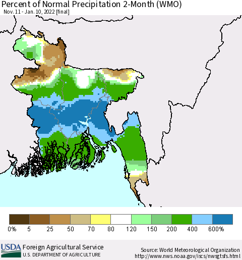 Bangladesh Percent of Normal Precipitation 2-Month (WMO) Thematic Map For 11/11/2021 - 1/10/2022