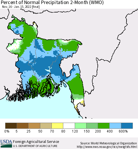 Bangladesh Percent of Normal Precipitation 2-Month (WMO) Thematic Map For 11/16/2021 - 1/15/2022