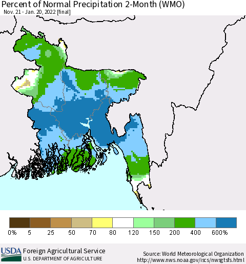 Bangladesh Percent of Normal Precipitation 2-Month (WMO) Thematic Map For 11/21/2021 - 1/20/2022