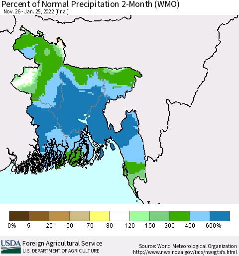 Bangladesh Percent of Normal Precipitation 2-Month (WMO) Thematic Map For 11/26/2021 - 1/25/2022