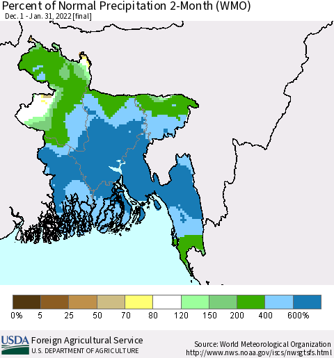 Bangladesh Percent of Normal Precipitation 2-Month (WMO) Thematic Map For 12/1/2021 - 1/31/2022