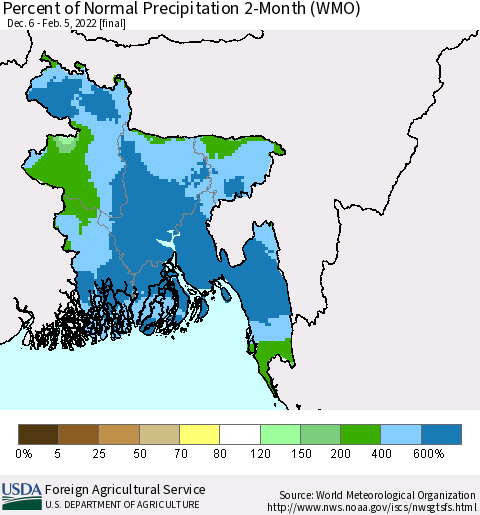 Bangladesh Percent of Normal Precipitation 2-Month (WMO) Thematic Map For 12/6/2021 - 2/5/2022
