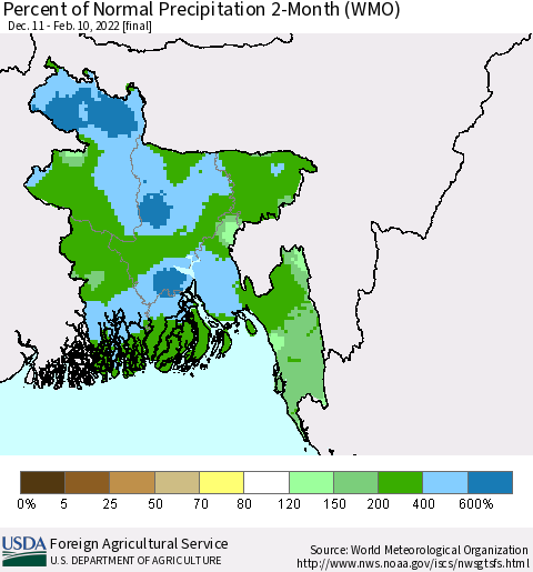 Bangladesh Percent of Normal Precipitation 2-Month (WMO) Thematic Map For 12/11/2021 - 2/10/2022