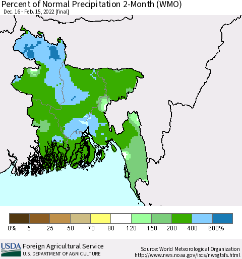 Bangladesh Percent of Normal Precipitation 2-Month (WMO) Thematic Map For 12/16/2021 - 2/15/2022
