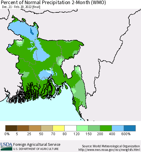 Bangladesh Percent of Normal Precipitation 2-Month (WMO) Thematic Map For 12/21/2021 - 2/20/2022