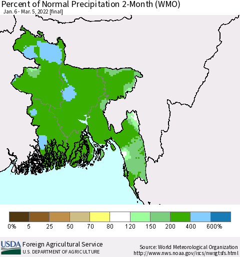Bangladesh Percent of Normal Precipitation 2-Month (WMO) Thematic Map For 1/6/2022 - 3/5/2022
