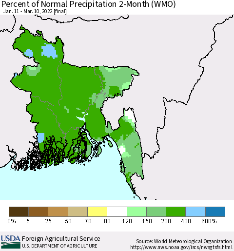 Bangladesh Percent of Normal Precipitation 2-Month (WMO) Thematic Map For 1/11/2022 - 3/10/2022