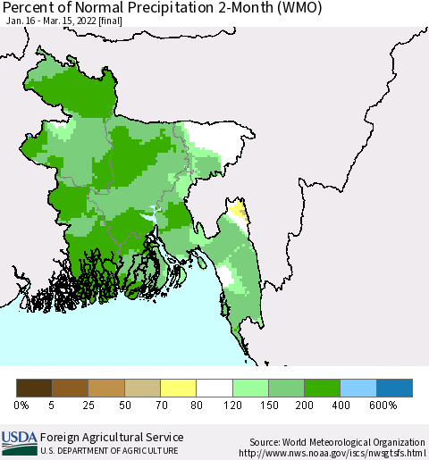 Bangladesh Percent of Normal Precipitation 2-Month (WMO) Thematic Map For 1/16/2022 - 3/15/2022