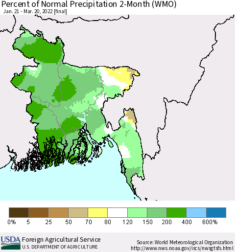 Bangladesh Percent of Normal Precipitation 2-Month (WMO) Thematic Map For 1/21/2022 - 3/20/2022
