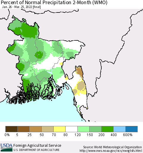 Bangladesh Percent of Normal Precipitation 2-Month (WMO) Thematic Map For 1/26/2022 - 3/25/2022