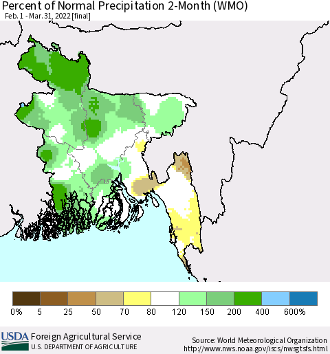 Bangladesh Percent of Normal Precipitation 2-Month (WMO) Thematic Map For 2/1/2022 - 3/31/2022
