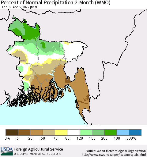 Bangladesh Percent of Normal Precipitation 2-Month (WMO) Thematic Map For 2/6/2022 - 4/5/2022
