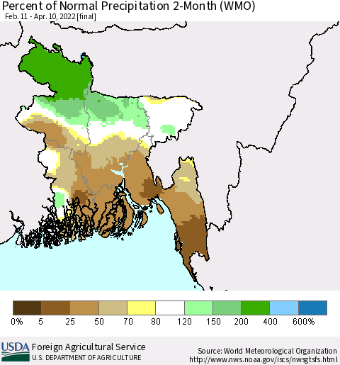 Bangladesh Percent of Normal Precipitation 2-Month (WMO) Thematic Map For 2/11/2022 - 4/10/2022