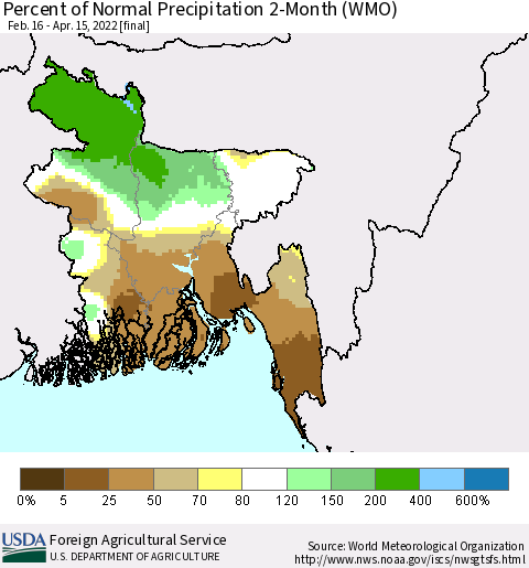Bangladesh Percent of Normal Precipitation 2-Month (WMO) Thematic Map For 2/16/2022 - 4/15/2022