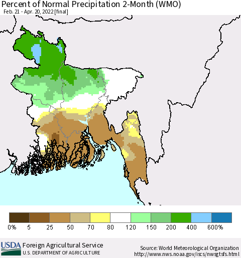 Bangladesh Percent of Normal Precipitation 2-Month (WMO) Thematic Map For 2/21/2022 - 4/20/2022