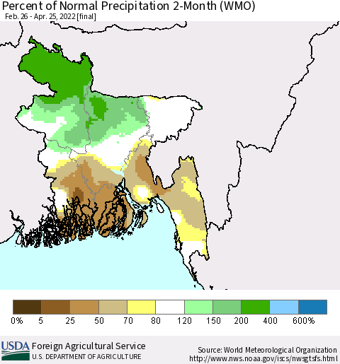 Bangladesh Percent of Normal Precipitation 2-Month (WMO) Thematic Map For 2/26/2022 - 4/25/2022