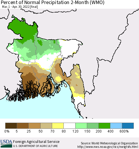 Bangladesh Percent of Normal Precipitation 2-Month (WMO) Thematic Map For 3/1/2022 - 4/30/2022