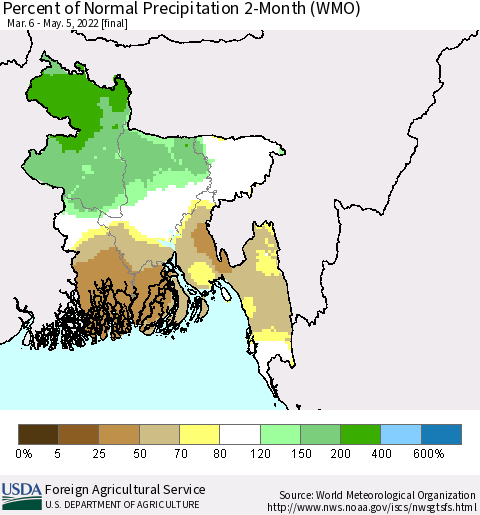 Bangladesh Percent of Normal Precipitation 2-Month (WMO) Thematic Map For 3/6/2022 - 5/5/2022