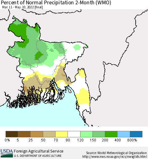 Bangladesh Percent of Normal Precipitation 2-Month (WMO) Thematic Map For 3/11/2022 - 5/10/2022