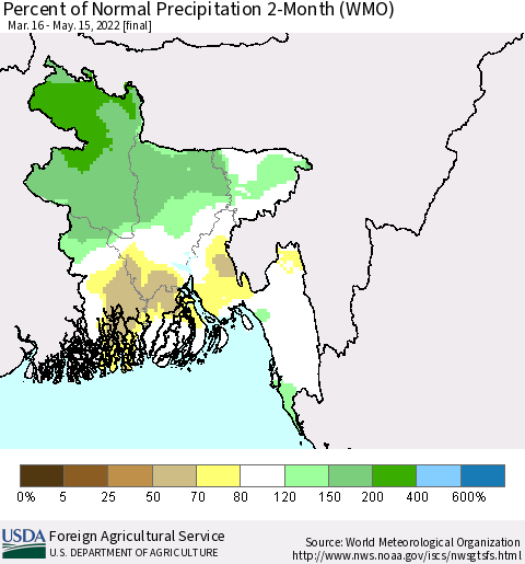 Bangladesh Percent of Normal Precipitation 2-Month (WMO) Thematic Map For 3/16/2022 - 5/15/2022