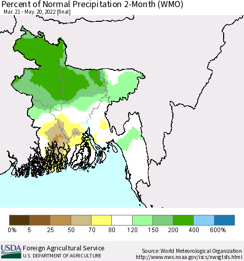 Bangladesh Percent of Normal Precipitation 2-Month (WMO) Thematic Map For 3/21/2022 - 5/20/2022