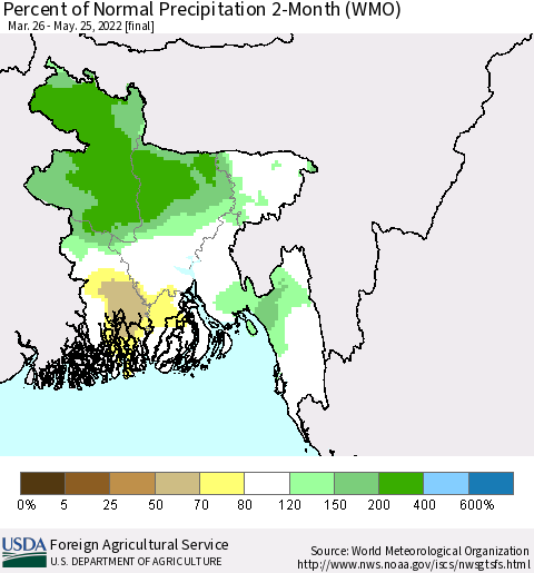 Bangladesh Percent of Normal Precipitation 2-Month (WMO) Thematic Map For 3/26/2022 - 5/25/2022