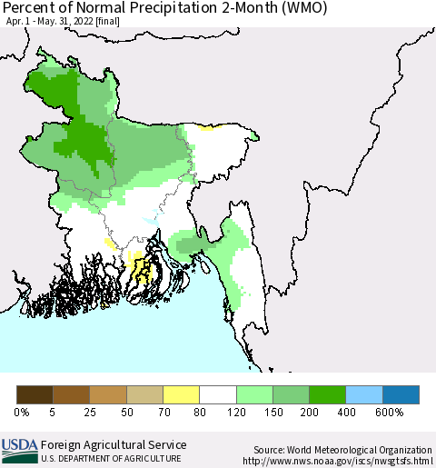 Bangladesh Percent of Normal Precipitation 2-Month (WMO) Thematic Map For 4/1/2022 - 5/31/2022