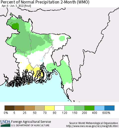 Bangladesh Percent of Normal Precipitation 2-Month (WMO) Thematic Map For 4/6/2022 - 6/5/2022