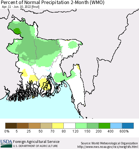Bangladesh Percent of Normal Precipitation 2-Month (WMO) Thematic Map For 4/11/2022 - 6/10/2022