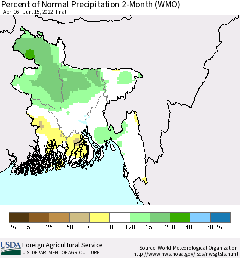 Bangladesh Percent of Normal Precipitation 2-Month (WMO) Thematic Map For 4/16/2022 - 6/15/2022