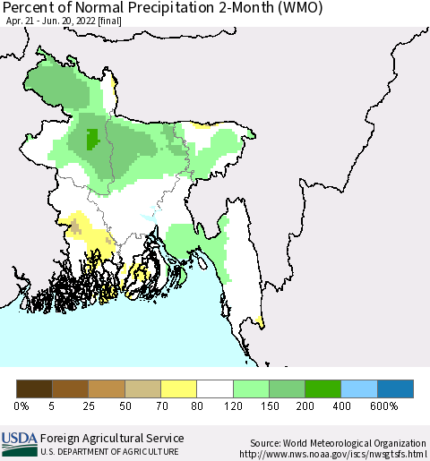 Bangladesh Percent of Normal Precipitation 2-Month (WMO) Thematic Map For 4/21/2022 - 6/20/2022