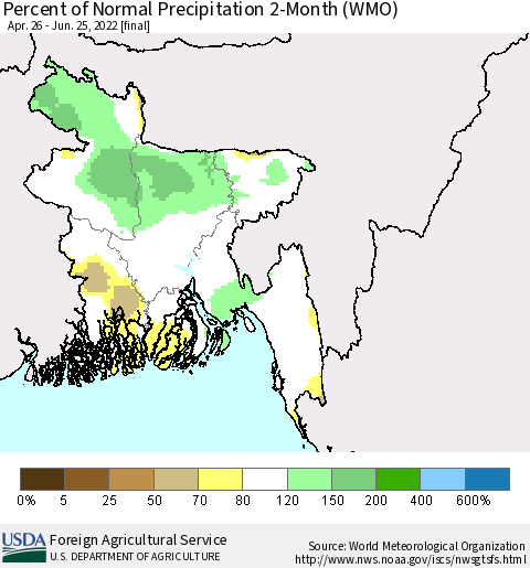 Bangladesh Percent of Normal Precipitation 2-Month (WMO) Thematic Map For 4/26/2022 - 6/25/2022