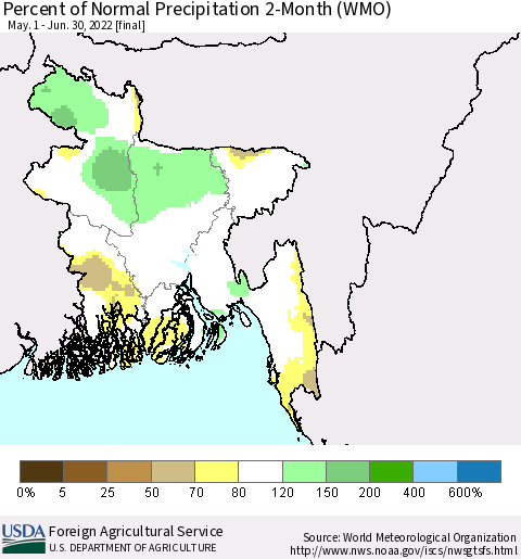 Bangladesh Percent of Normal Precipitation 2-Month (WMO) Thematic Map For 5/1/2022 - 6/30/2022