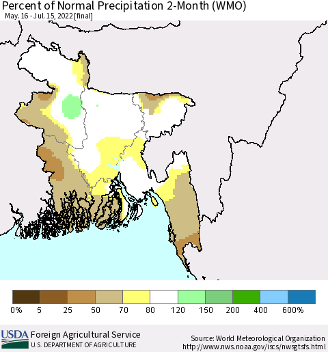 Bangladesh Percent of Normal Precipitation 2-Month (WMO) Thematic Map For 5/16/2022 - 7/15/2022