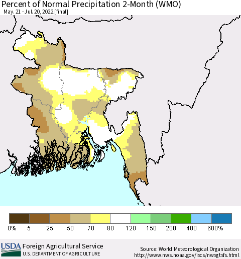 Bangladesh Percent of Normal Precipitation 2-Month (WMO) Thematic Map For 5/21/2022 - 7/20/2022