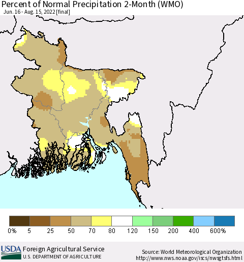 Bangladesh Percent of Normal Precipitation 2-Month (WMO) Thematic Map For 6/16/2022 - 8/15/2022