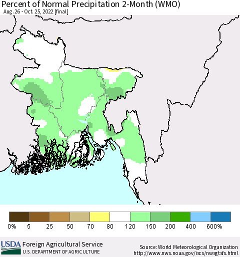 Bangladesh Percent of Normal Precipitation 2-Month (WMO) Thematic Map For 8/26/2022 - 10/25/2022