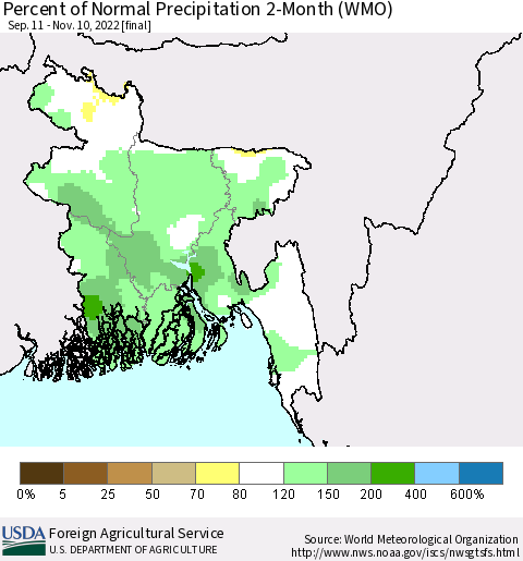 Bangladesh Percent of Normal Precipitation 2-Month (WMO) Thematic Map For 9/11/2022 - 11/10/2022
