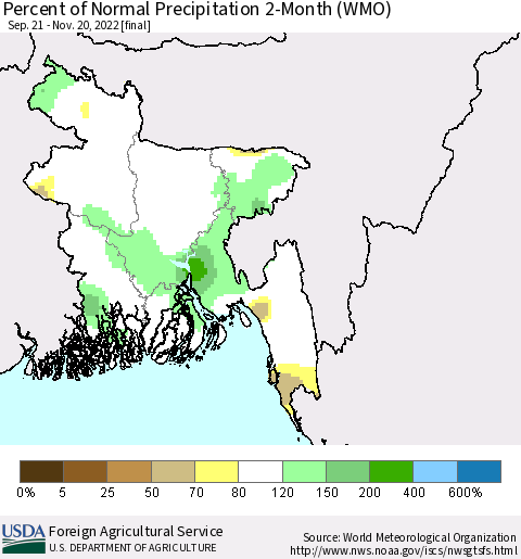 Bangladesh Percent of Normal Precipitation 2-Month (WMO) Thematic Map For 9/21/2022 - 11/20/2022