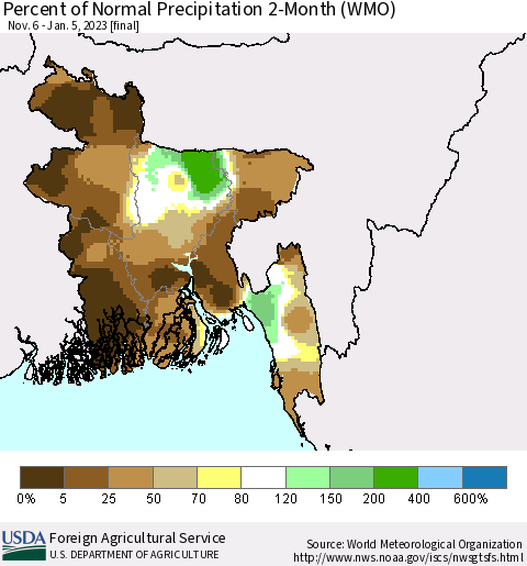 Bangladesh Percent of Normal Precipitation 2-Month (WMO) Thematic Map For 11/6/2022 - 1/5/2023
