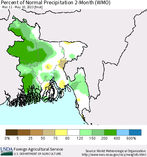 Bangladesh Percent of Normal Precipitation 2-Month (WMO) Thematic Map For 3/11/2023 - 5/10/2023
