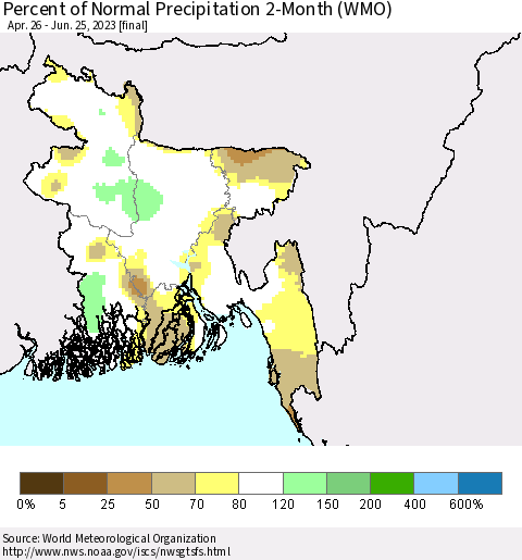 Bangladesh Percent of Normal Precipitation 2-Month (WMO) Thematic Map For 4/26/2023 - 6/25/2023