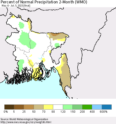 Bangladesh Percent of Normal Precipitation 2-Month (WMO) Thematic Map For 5/6/2023 - 7/5/2023