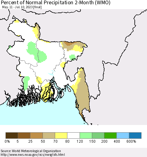 Bangladesh Percent of Normal Precipitation 2-Month (WMO) Thematic Map For 5/11/2023 - 7/10/2023
