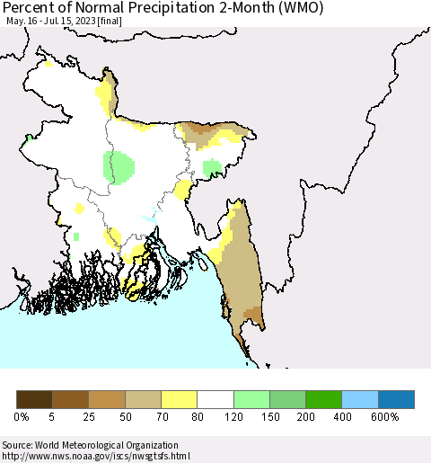 Bangladesh Percent of Normal Precipitation 2-Month (WMO) Thematic Map For 5/16/2023 - 7/15/2023