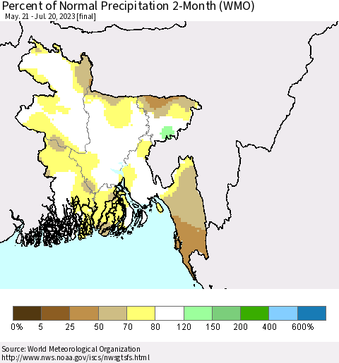 Bangladesh Percent of Normal Precipitation 2-Month (WMO) Thematic Map For 5/21/2023 - 7/20/2023