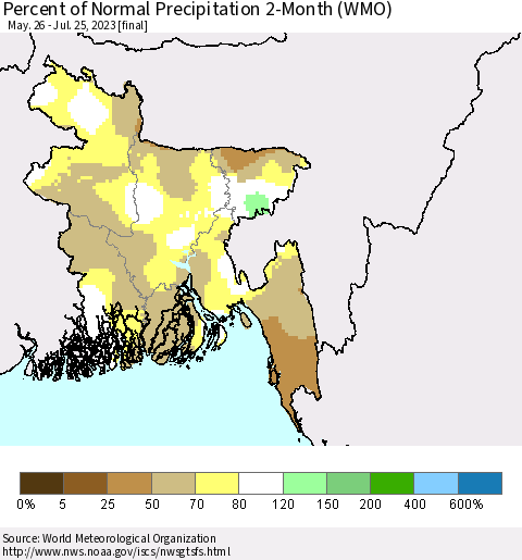 Bangladesh Percent of Normal Precipitation 2-Month (WMO) Thematic Map For 5/26/2023 - 7/25/2023