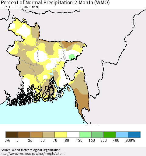 Bangladesh Percent of Normal Precipitation 2-Month (WMO) Thematic Map For 6/1/2023 - 7/31/2023